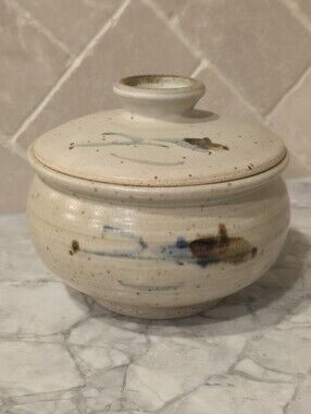 Mid Century Speckled Studio Art Pottery Lidded Bowl Blue Signed Pot Canister Jar
